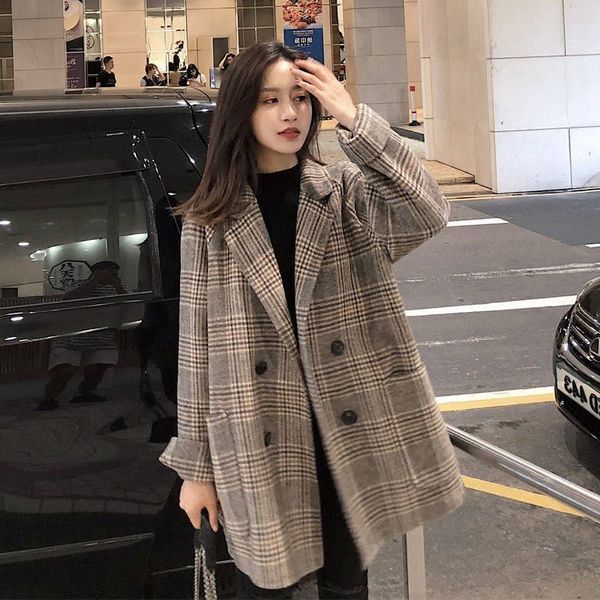 

2020 new chic plaid woolen women jacket thick office lady pockets work coat ladies loose double breasted outerwear, Black