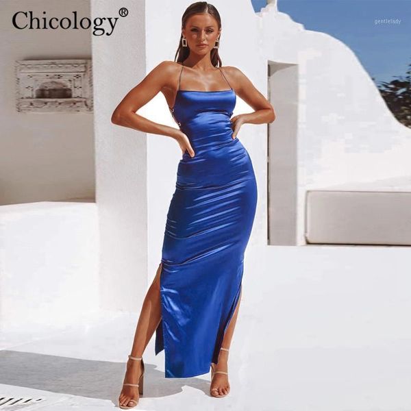 

casual dresses chicology neon satin maxi long dress backless lace up women elegant party outfit 2021 autumn winter bodycon club clothes, Black;gray
