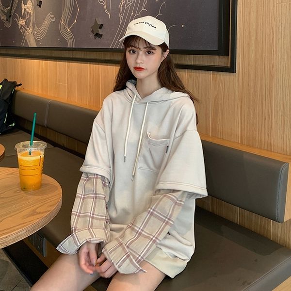

yjj1h autumn new loose sweater fake online red hooded stitching women's two-piece female and pullover pullover aging slimming students, Black