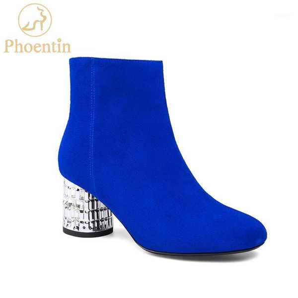 

boots phoentin 2021 fashion blue ankle ladies high round heels zipper closure sheep suede short booties toe shoes ft8311, Black
