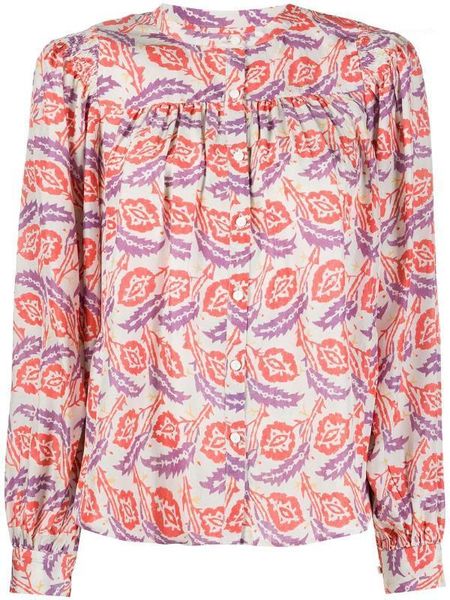 

new long-sleeved loose shirt with printed flowers pleated lantern sleeve floral print silk blouse 4 colors1, White