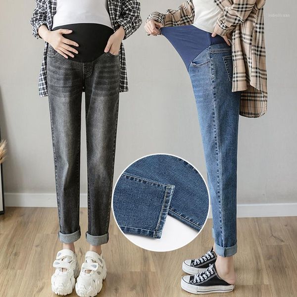 

8935# autumn spring denim maternity jeans belly daddy pants clothes for pregnant women pregnancy loose straight harem trousers1, White