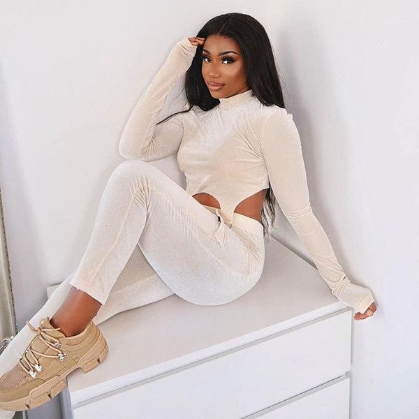 

fashion women casual velvet clothes set female high-necked long-sleeved irregular mid-waist exposed +pants set1, Gray