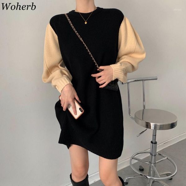 

woherb korean chic contrast color patchwork sweater dress vintage elegant lantern long sleeve knitted dresses women vestidos1, Black;gray