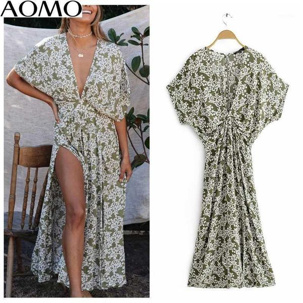 

aomo fashion women leaf print cotton maxi dress 2020 new arrival short sleeve ladies beach long dress vestidos ja45a1, Black;gray
