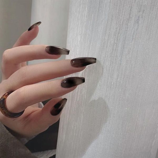 

24pcs fake nails with gradient black design detachable false nails long ballerina wearable fake full cover manicure tips, Red;gold