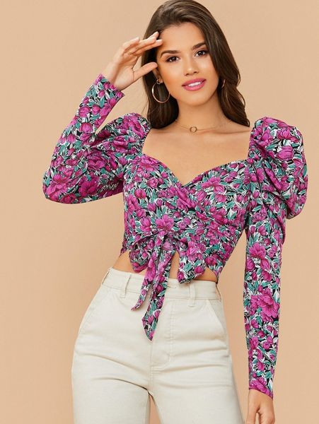 

gigot sleeve wrap belted floral blouse e0ae#, White