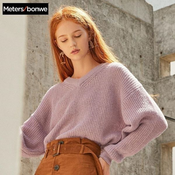

metersbonwe new knitted sweater women pullovers v neck basic women sweaters loose chic comfortable sweater 716863 y200910, White;black