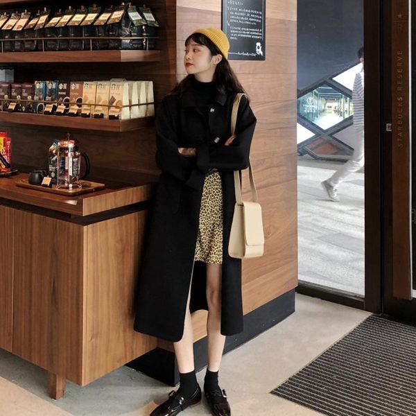 

loose mid-length mori series by age fold-down collar bla long sleeves woolen jacket women -40, Black