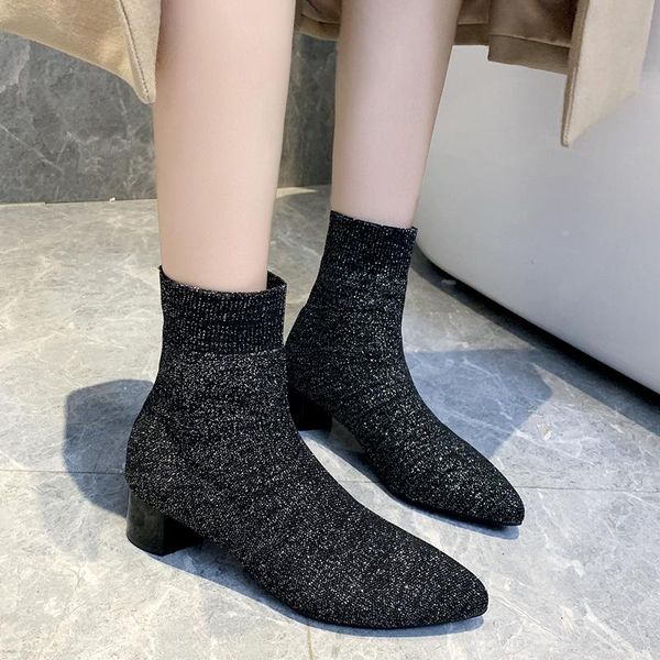 

2020 Autumn Sock Boots Women Stretch Fabric Thick Heel Ankle Boots Women Elegant High Heel Knitted Pointed Toe, Black