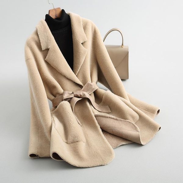 

streetwear real fur coat wool jacket autumn winter coat women clothes 2019 korean vintage sheep shearling suede lining 33131, Black