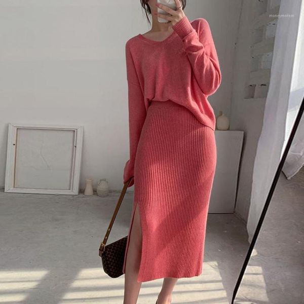 

women's tracksuits korean style pink blue slim fit knitwear + high waist side split skirts two piece set d6231, Gray