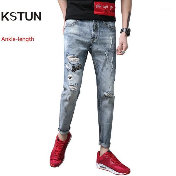 

kstun men's jeans summer ripped biker jeans stretch light blue vintage torn male denim ankle length slim fit casual pants1