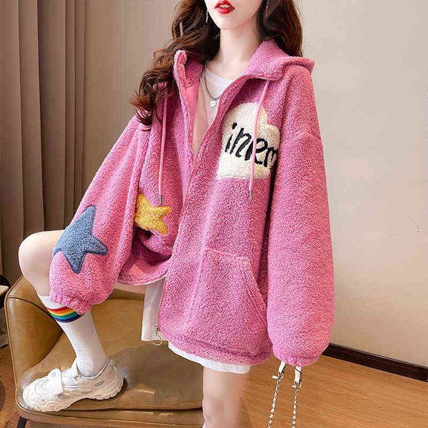 

women's hoodi sweatshirts 2022 spring and autumn korean embroidered letter lamb cashmere plush thickened zipper drawcord hooded sweater, Black