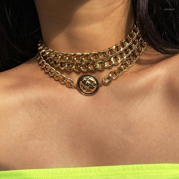 

chokers lacteo 3pcs/set miami cuba thick chunky clavicle chain choker necklace jewelry for women punk hip hop carved coin charm necklace1, Golden;silver
