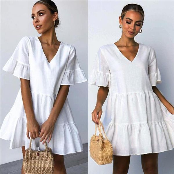 

womens casual white dress sweet ruffles short sleeve mini dress daily elegant princess vestido solid v-neck sukienki#3s, Black;gray