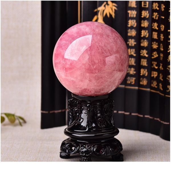 

8-9cm natural crystal rose quartz ball energy stone pink ornaments ball home decoration reiki healing stone wood jlluul, Black