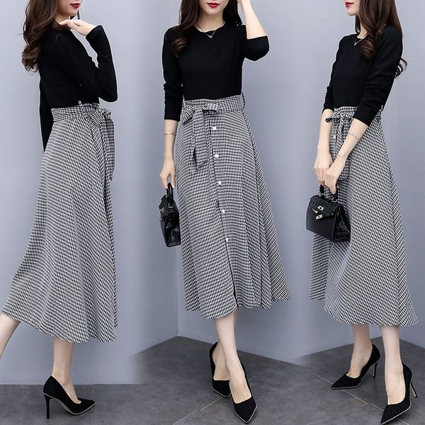 

5hgno big size thin wear looks dress new autumn 2019 korean version fat mm fattening women's and fashion plaid stitching dress q1g2n, Black;gray