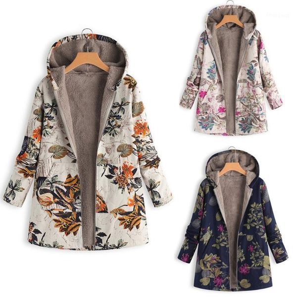 

womens winter warm coat outwear floral print hooded pockets vintage oversize female coats plus size abrigos1, Black
