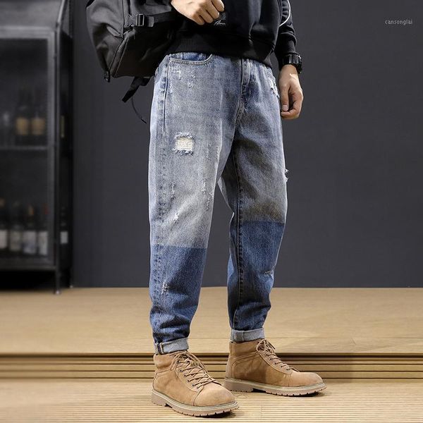 

japanese style fashion men jeans retro blue loose fit denim harem pants wide leg trousers streetwear hip hop ripped jeans homme1