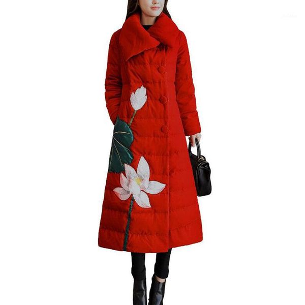 

winter women down jacket chinese style vintage embroidery warm long coat parkas thicken slim female snow outerwear1, Black