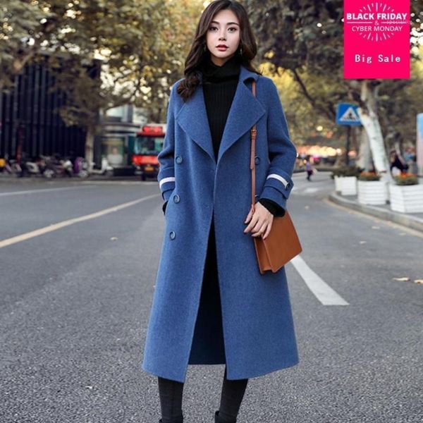 

winter women's woolen coat slim double breasted woolen windbreaker female long sleeve fashion elegant outwear overcoat l16201, Black