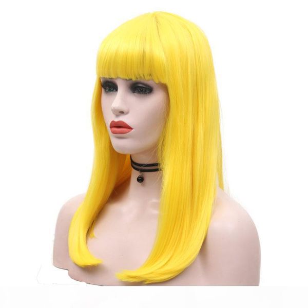 

short synthetic lace front bob straight yellow wig with bangs colorful cosplay daily party part wigs for women, Black