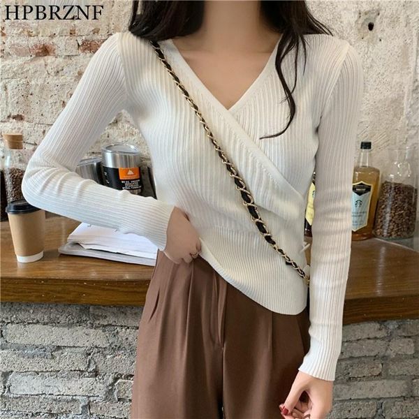 

2020 new v-neck slim bottomed sweater women spring autumn cross long sleeve pullover simple all-match knitwear casual, White;black