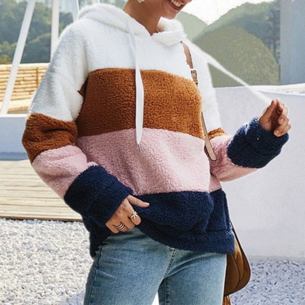 

women hoodies sweatshirt striped patchwork ladies long sleeve pullover plush autumn winter female warm clothing 2020