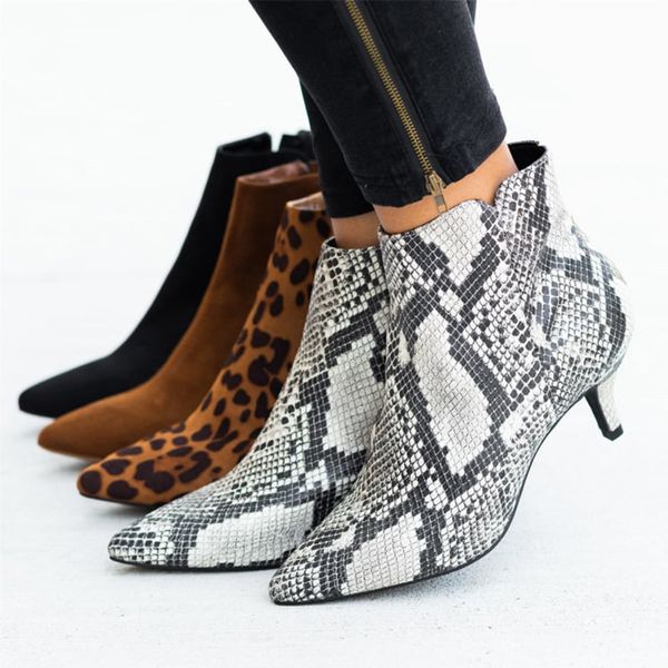 

2021 new tino kino autumn women's leopard pointed toe ankle boots zip woman snake stilettos plus size ladies suede shoes 23dz, Black