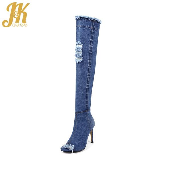 

jk spring new high heels denim over the knee women boots zipper peep toe thin heels footwear summer fashion ladies shoes, Black