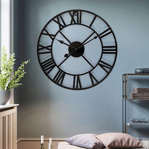 

large 3d retro black iron wall clock metal watch art hollow roman numeral ring for home living room decoration clocks crafts