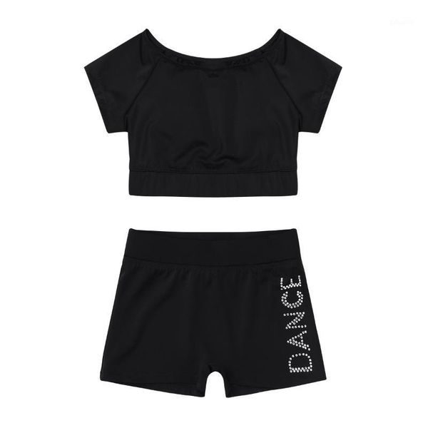 

kids two-piece dance wear crop with letters printed shorts set gym workout outfit for girls ballet gymnastics practice1, Black;red