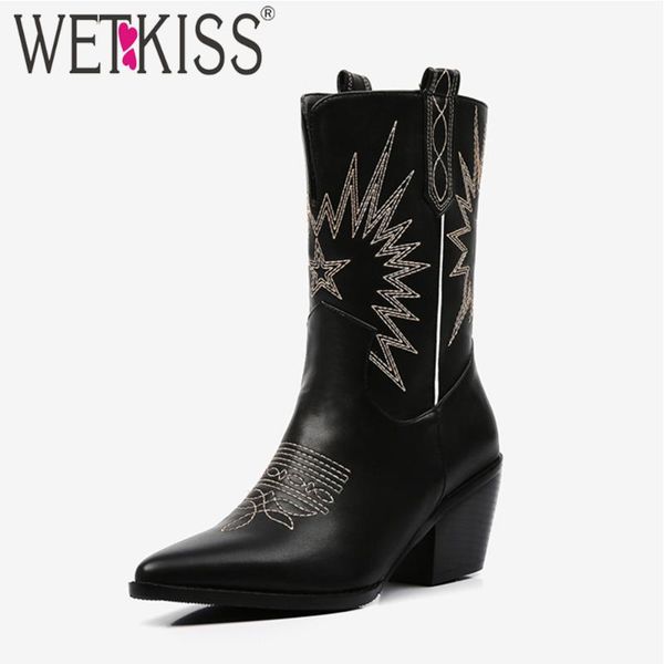 

wetkiss fashion embroidery western boots ankle women pointed toe cuban heels short booties ladies thick high heels shoes woman, Black