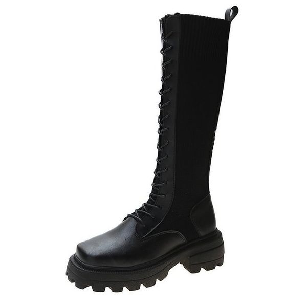 

new fall 2021 in leather at knee high round foot shoes square heels riding women's boot boots cero, Black