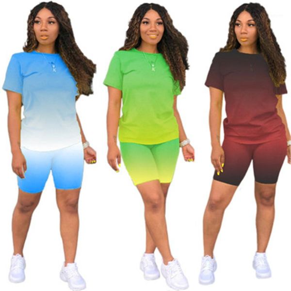 

наборы конструктор женский беговая дорожка женщины gradient печать комплекты мода лето повседневная сыпучие спортивная одежда с коротким рук, Gray