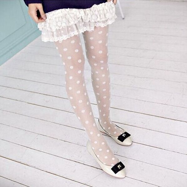 

women's pantyhose thigh stockings sheer lace big dot white tights blacks thin medias mujer#c7, Black;white