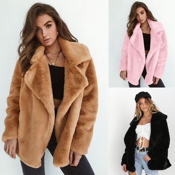 

women faux fur coats open stitch fur jacket winter fashion slim fur warm outwear soft coat long sleeve turn-down collar, Black