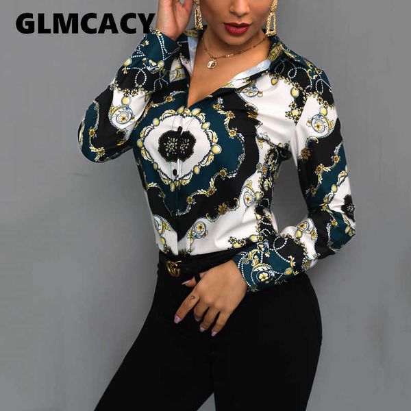 

women elegant office lady blouses 2021 spring turn down collar long sleeve chain scarf print office shirts plus size blouse y190823, White