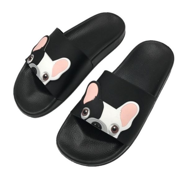

cute cartoon dog women slides fashion pu leather beach shoes woman flat heels flip flops barefoot slippers woman y200106, Black