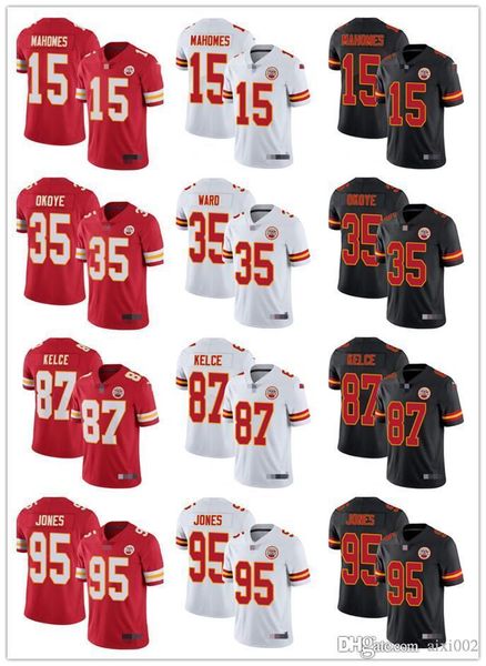 

mens womens youth kansas city chiefs 15 patrick mahomes 87 travis kelce 95 chris jones 35 christian okoye football jerseys, Black;red