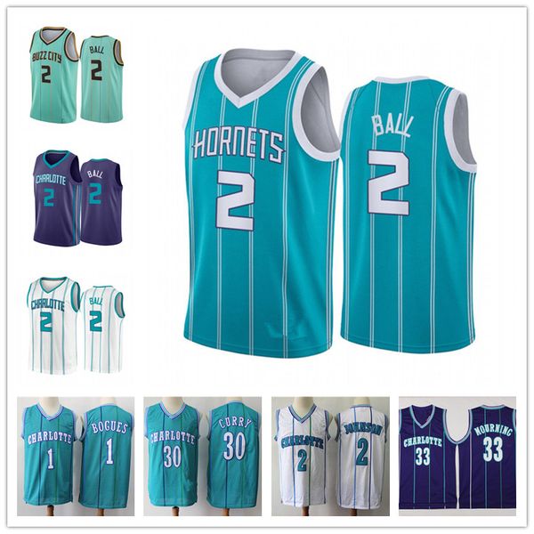 

men's lamelo 2 ball jersey charlotte hornets vintage muggsy 1 bogues larry 2 johnson 30 curry alonzo 33 mourning basketball jer, Black;red