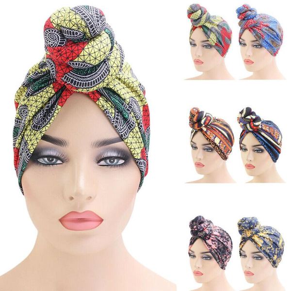 

beanie/skull caps printed turban head scarf women muslim cotton knotted cap chemo cancer hat hair loss cover beanie bonnet headwrap, Blue;gray