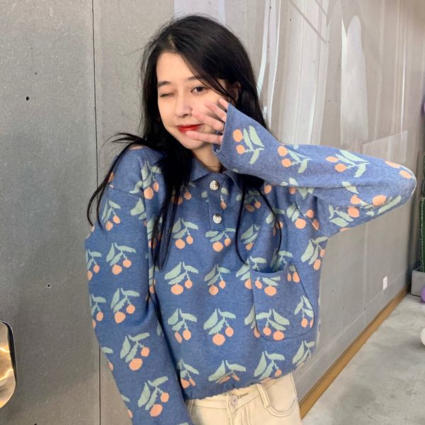 

autumn winter clothes women 2020 harajuku korean style fashion sweaters vintage sweet pocket fruit cherry knitted sweater women, White;black