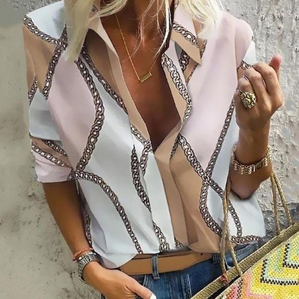 

women blouse long sleeve blouse shirt print office turn-down collar elegant work plus size fashion women, White