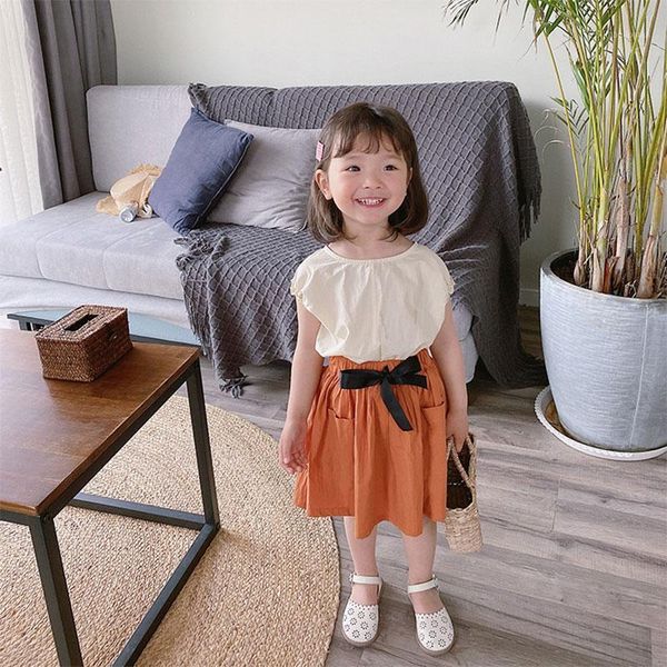 

summer girl clothes sets 2020 solid color button bow orange skirts children's sets 1-7y fashion casual kids outfits1, White