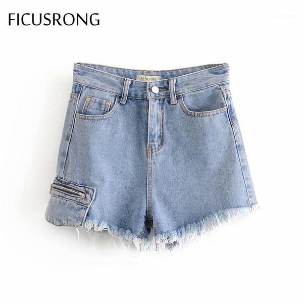 

straight women edge shorts pants high-waist skinny streetwear zipper pocket coated cotton denim short jeans 20201, Blue