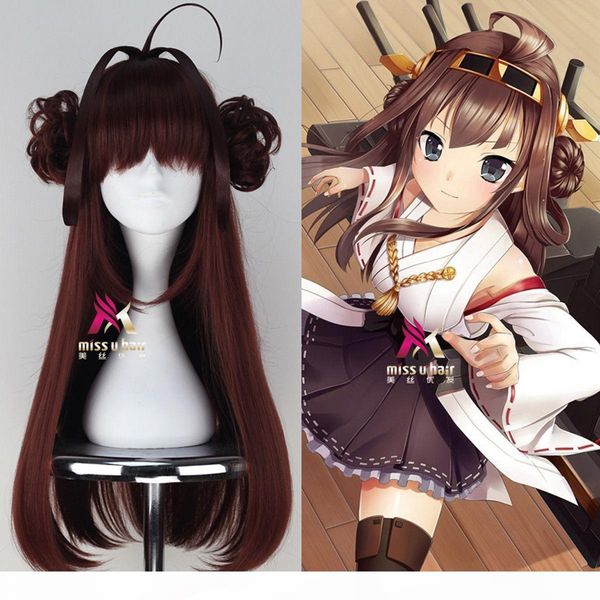 

gt;>> long brown game anime cosplay wig with two bun, Black;brown