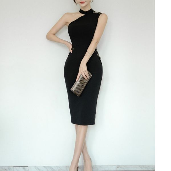

2021 new pure color summer lady temperament fashion neck unique waist thin hip dress female tdgz, Black;gray