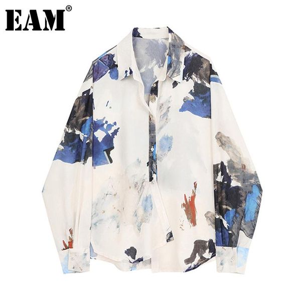 

eam] women white pattern printed big size blouse new lapel long sleeve loose fit shirt fashion tide spring autumn 2020 1z059
